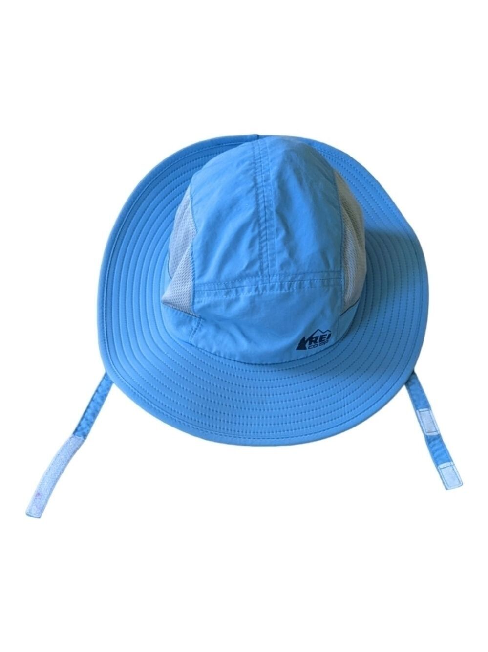 REI co-op pale blue & gray kids mesh side hat chin strap. Size: 7-14Y